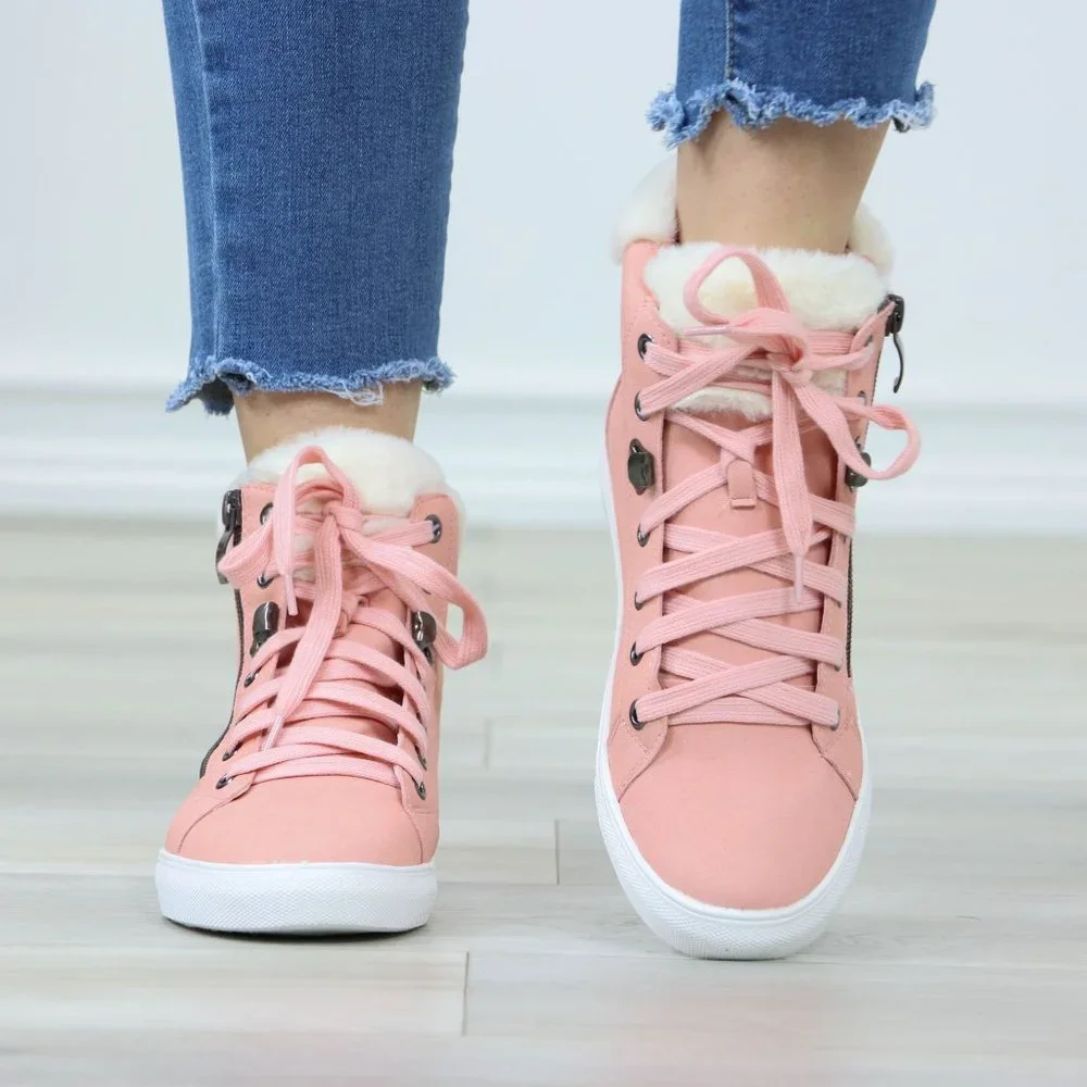 Pink Fashion High Tops Sneakers Shoes Fuzzy Ankle - Picture 8 of 11